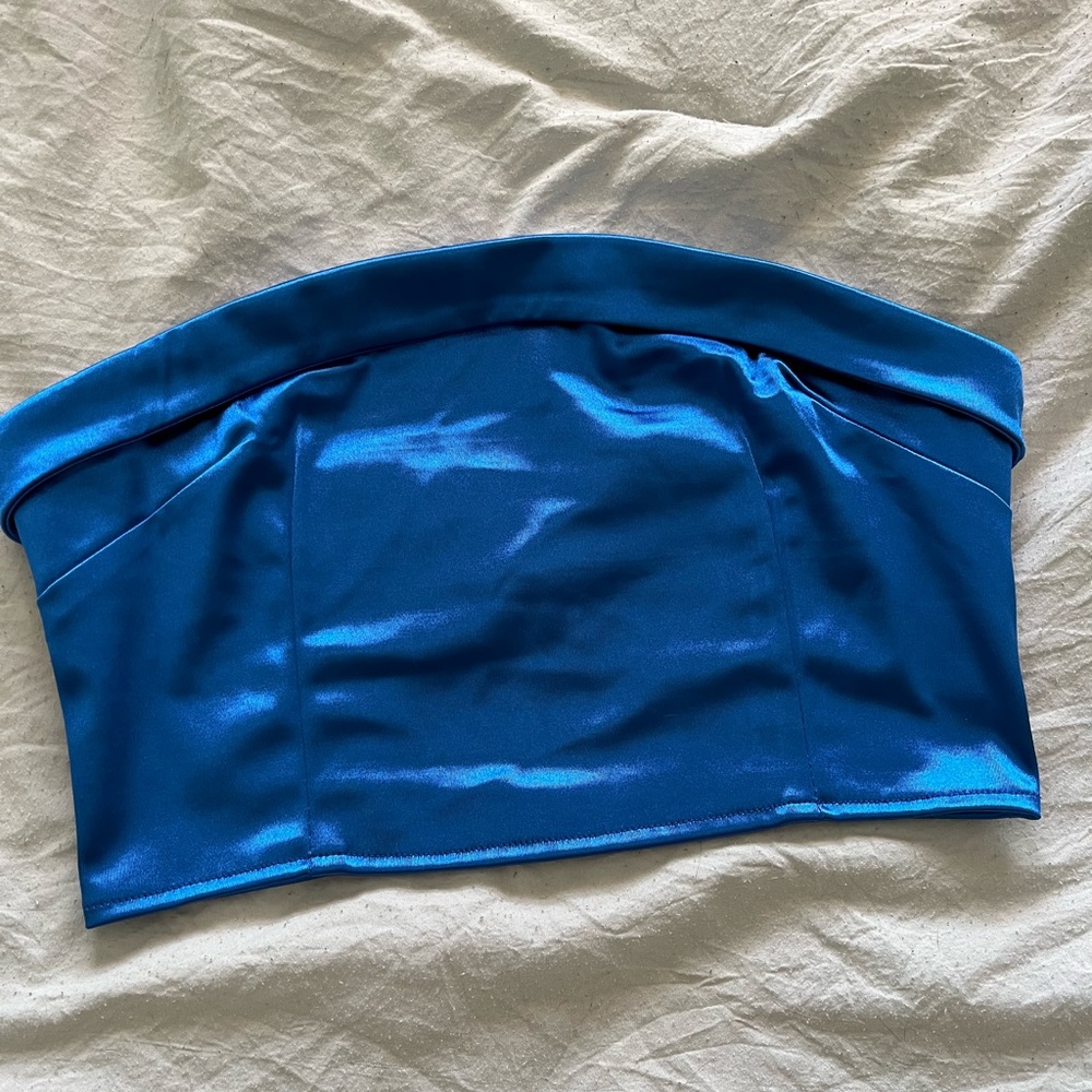 Blue silk crop strapless top